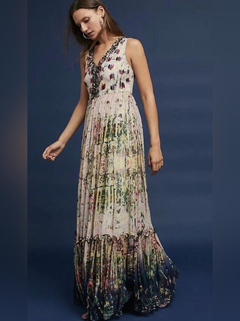 NEW Bhanuni By Jyoti Cydney Tiered Maxi Dress Rose Beaded Anthropologie Size 0